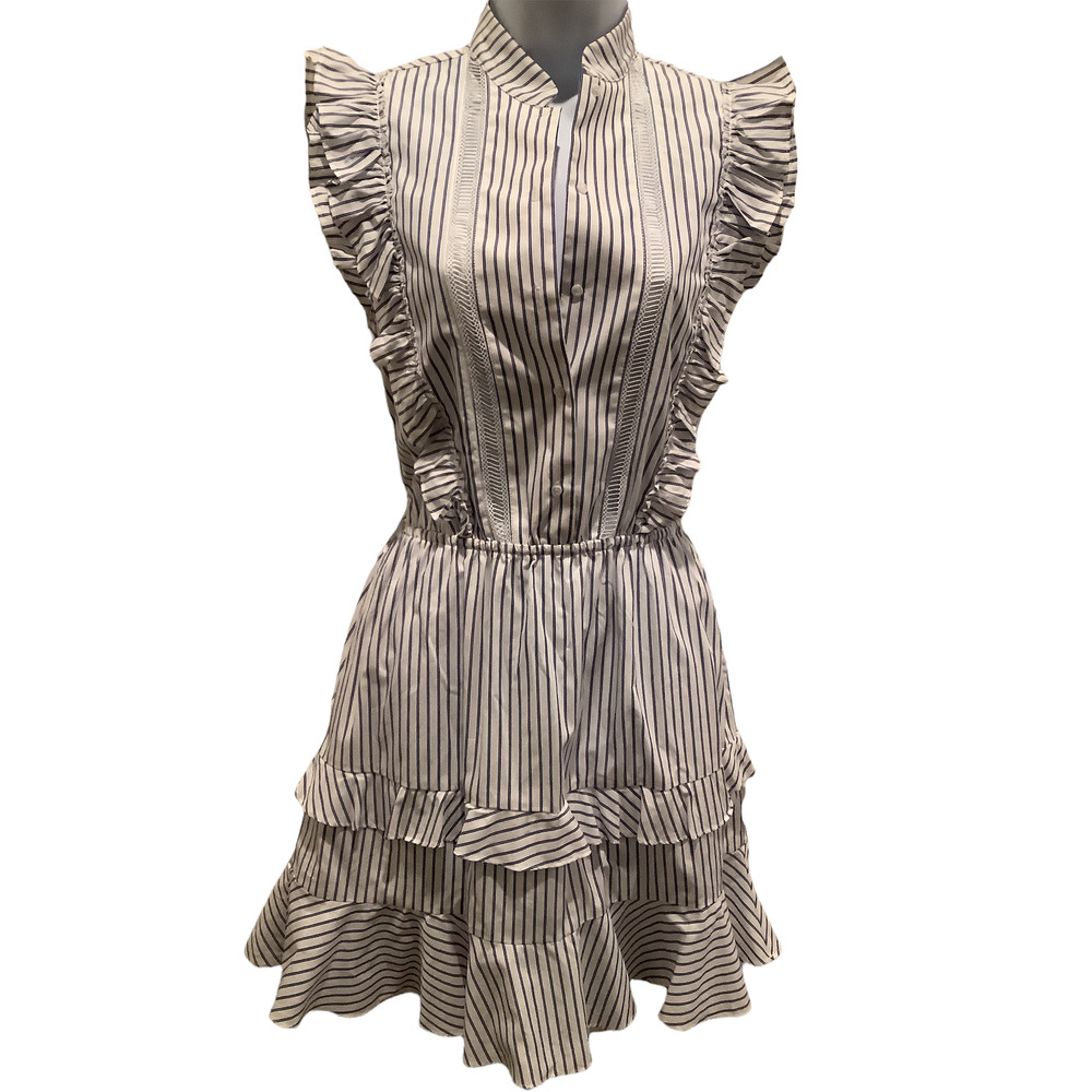 Striped Ruffle Sleeveless Dress in White and Black